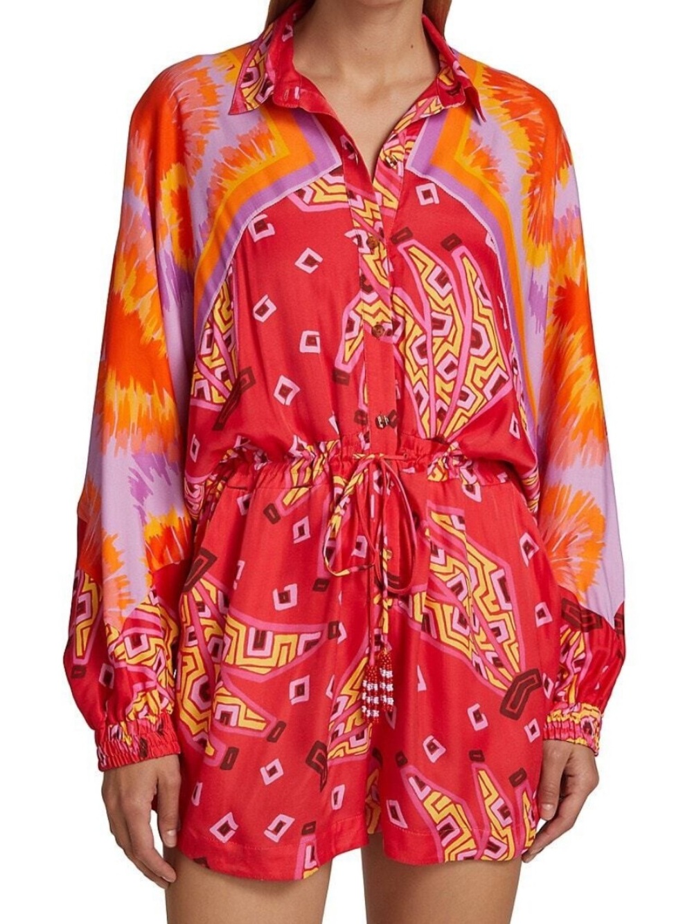 Farm Rio womans Tiki Bananas Scarf-sleeve Romper size S